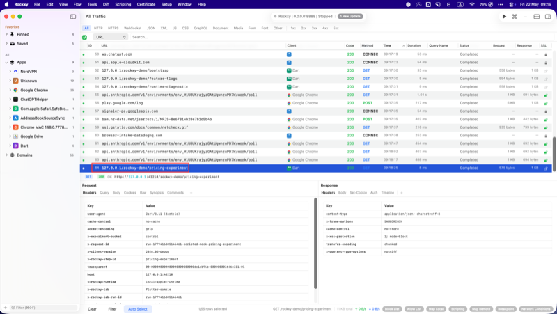 Rockxy response inspector showing the baseline pricing-experiment response with bucket control, paywall standard, and discountPercent zero before any Scripting rule is applied