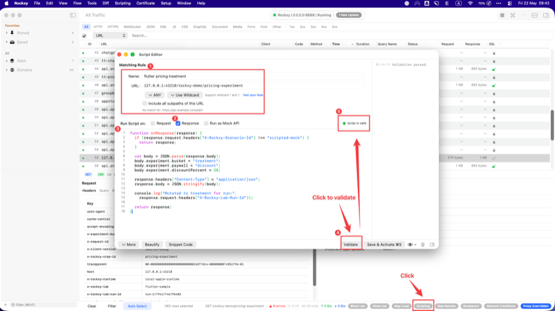 Rockxy Script Editor showing the treatment-mutation JavaScript saved with a green status indicator and the savedAndActive label, with the Console panel collapsed and ready to expand on error