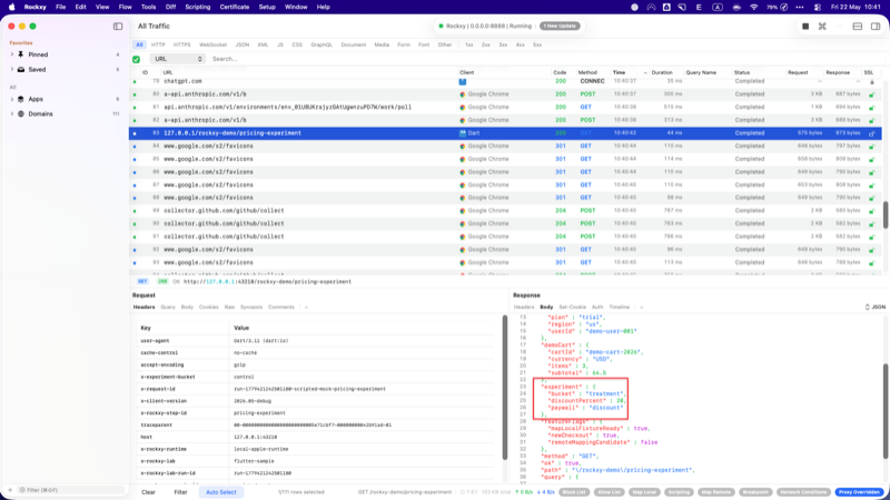 Rockxy response inspector after the script fires showing pricing-experiment response body mutated to bucket treatment, paywall discount, and discountPercent 20