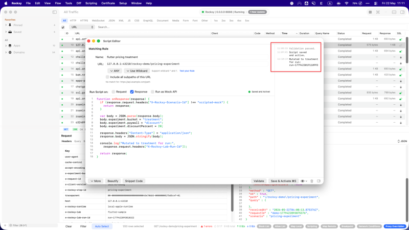 Case 11 in Rockxy: the scripting console panel shows console.log output from the onResponse handler, confirming the script fired once per matched response.
