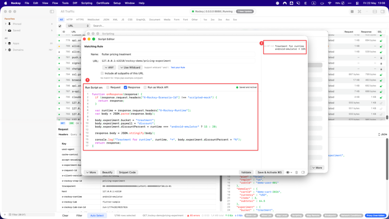 Case 11 in Rockxy: the scripting console shows 'Treatment for runtime local-apple-runtime → 20%' after the iOS Simulator run, confirming the per-runtime branch fired correctly.