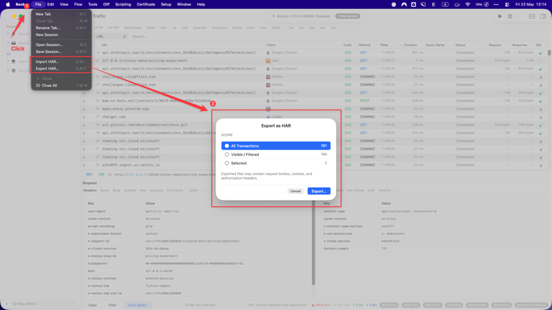 Case 11 in Rockxy: a second script named 'Redact for HAR export' is created in the Script Editor with a wildcard URL pattern, ready to strip Authorization, Cookie, and API key headers before a HAR export.