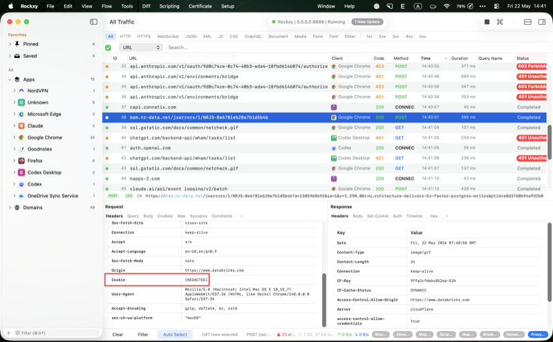 Terminal showing the jq one-liner rewriting Authorization header values to [REDACTED] in a HAR file, producing a clean.har safe to share.