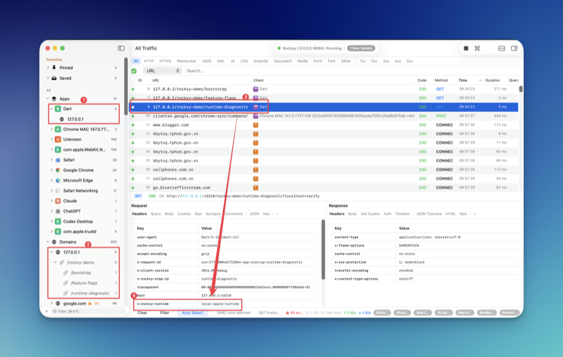 Rockxy showing a captured Flutter runtime diagnostic request with runtime headers visible