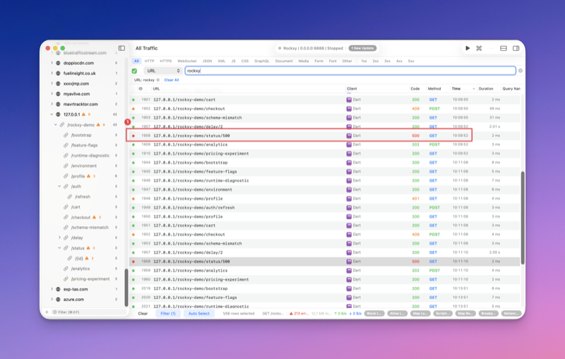 Rockxy Allow List focused rule for Flutter demo API traffic