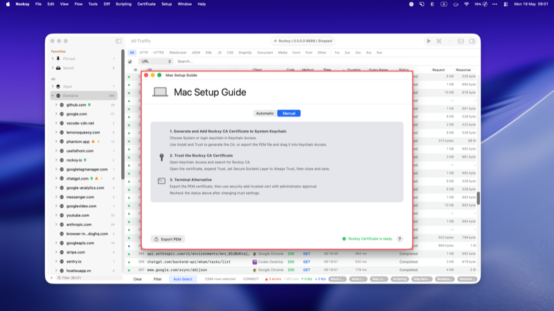 Rockxy certificate trust installation flow for HTTPS interception