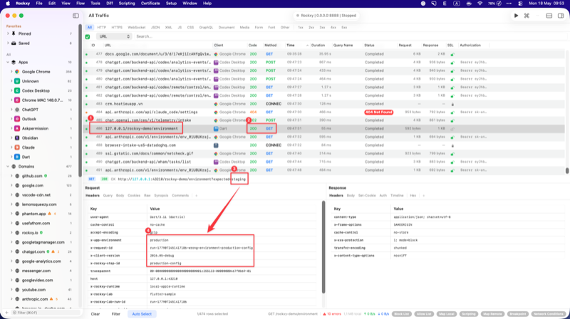 Rockxy request inspector showing X-App-Environment: production header on a staging-intended request