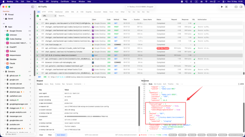 Rockxy response body inspector showing query expected staging and remoteMappingCandidate true