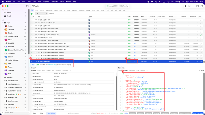 Rockxy capture list showing the remapped request hitting httpbin.org/get after Map Remote rule fires