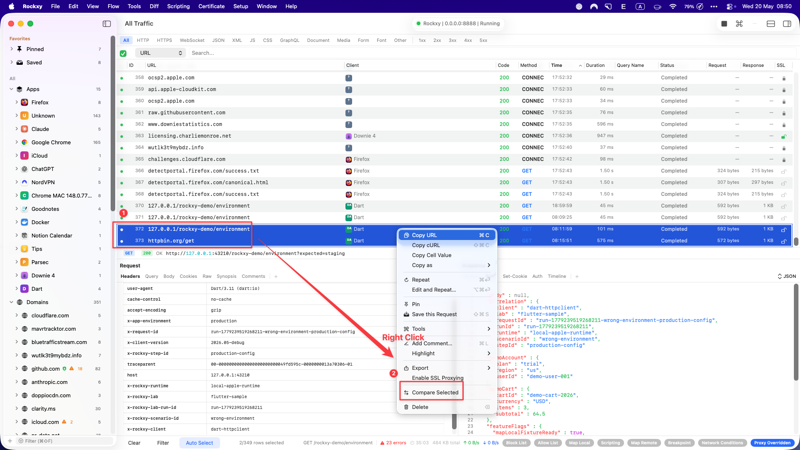Rockxy inspector showing the before row — original request to 127.0.0.1 demo server with X-App-Environment production header