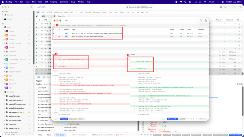 Rockxy inspector showing the after row — same request remapped to httpbin.org/get by Map Remote rule
