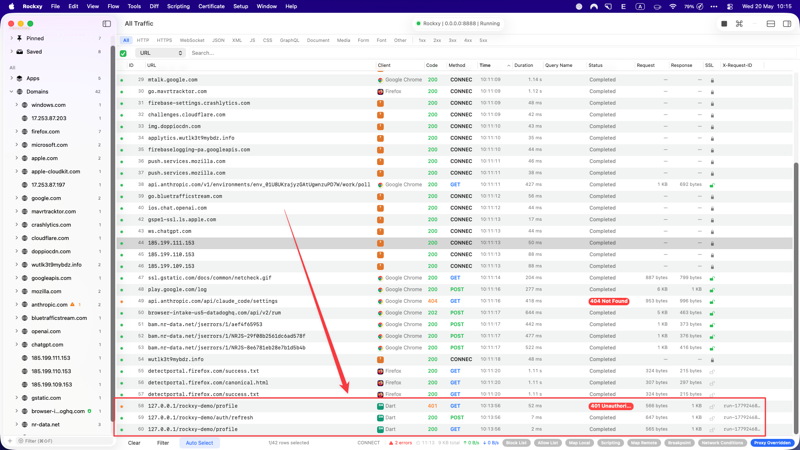 Rockxy capture list filtered by X-Rockxy-Scenario-Id auth-recovery showing three rows: 401 expired-token, 200 refresh-token, 200 profile-retry