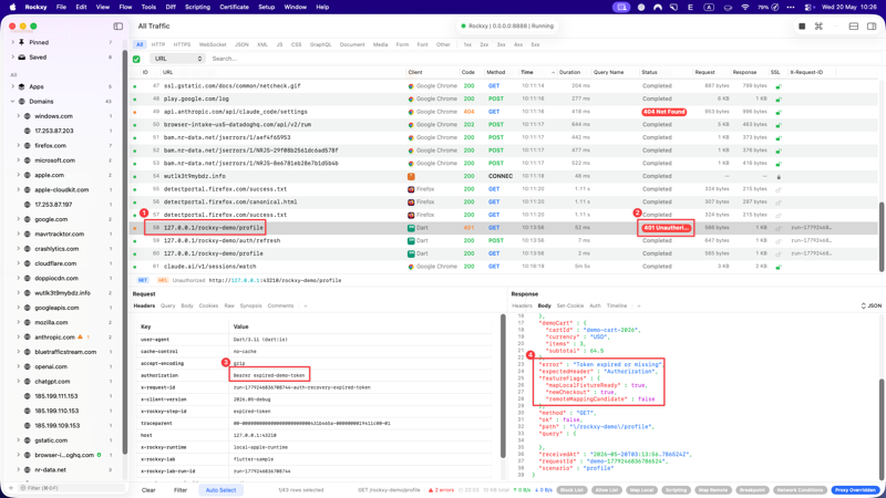 Rockxy inspector showing the 401 expired-token request with Authorization Bearer expired-demo-token header and response body explaining the token expiry contract
