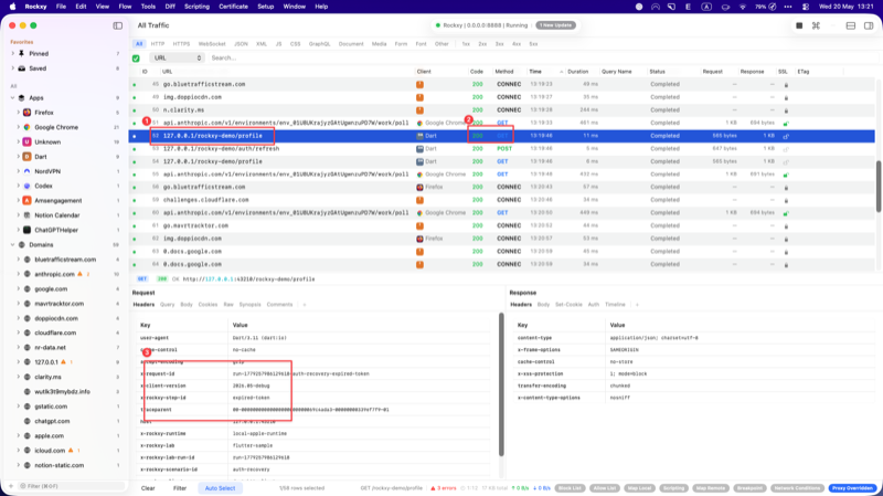 Rockxy Modify Header rule rewriting the Authorization header to Bearer demo-access-token so the expired-token profile call now returns 200
