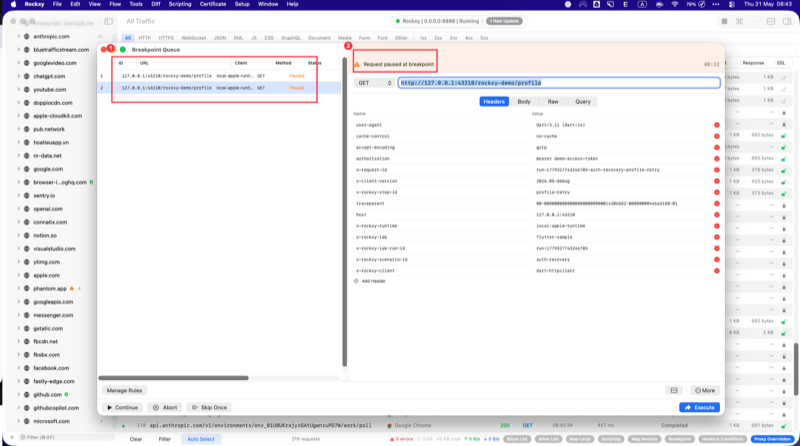 Rockxy Breakpoint window paused on the outgoing Flutter profile request with the Authorization header being edited to Bearer demo-access-token in the Headers tab