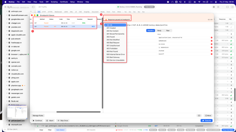 Rockxy Breakpoint window paused on the incoming response with Status Code rewritten to 200 OK and a synthetic profile JSON injected into the Body tab