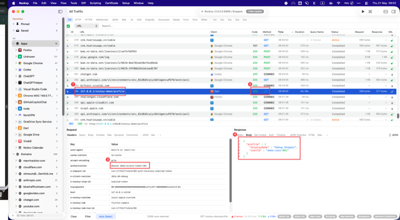 Rockxy main capture window after the breakpoint replay showing the expired-token row with the edited Authorization header, overridden 200 status, and synthetic profile body — plus the Flutter sample rendering the profile screen successfully
