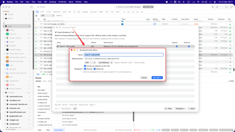 Rockxy Breakpoint Rule Editor filled in for the Case 5 auth profile rule with Matching Rule set to the demo profile endpoint and both Request and Response checkboxes ticked