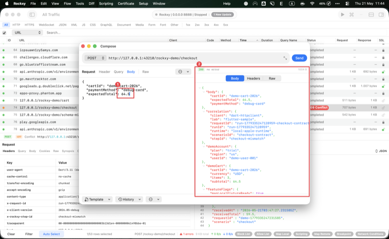 Rockxy Compose window after Send: Response panel shows status 200 with the demo server's success body {ok:true, orderId:demo-order-2026, status:accepted} after editing expectedTotal from 59.50 to 64.5