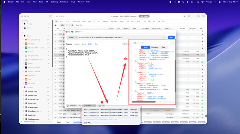 Rockxy Compose window History menu open at the bottom toolbar listing previous Send attempts with method, URL, status code, and relative timestamp per row