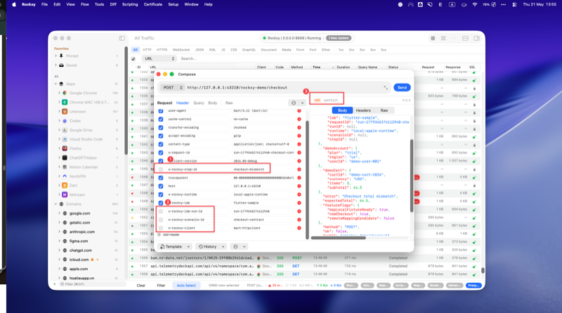 Rockxy Compose window Header tab with the X-Rockxy correlation header checkboxes unticked while the Authorization and other functional headers remain enabled, then Send returns 200 to prove those headers are optional