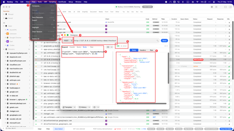 Rockxy Compose window built from scratch with POST method, the demo checkout URL, only Content-Type application json header, the minimum cart payload in the Body tab, and the Response panel returning 200 with orderId demo-order-2026