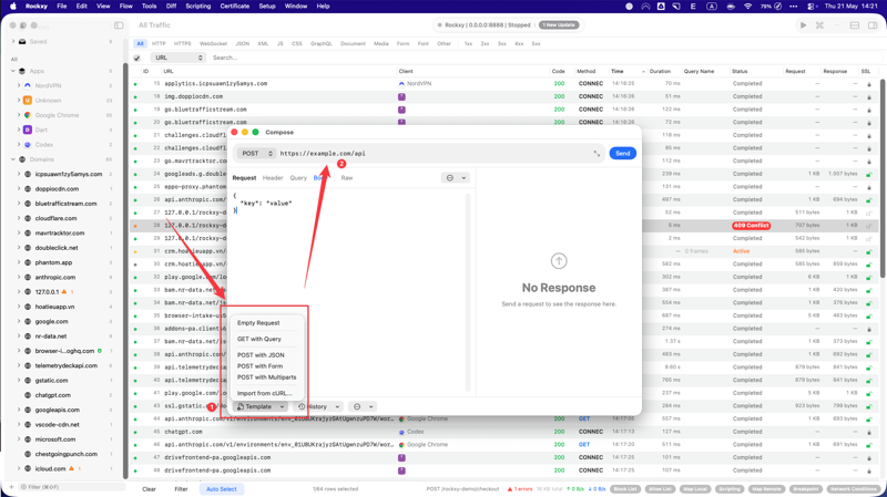 Rockxy Compose Template menu open at the bottom of the window, saving the known-good checkout POST under the name Checkout known-good POST for reuse in future regressions