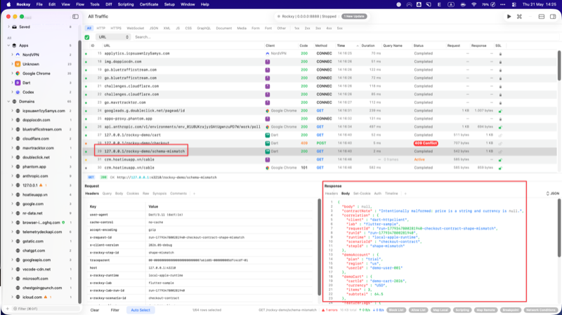 Rockxy inspector showing the baseline shape-mismatch response with price as the string 64.50 and currency null exposing the malformed product payload from the demo server