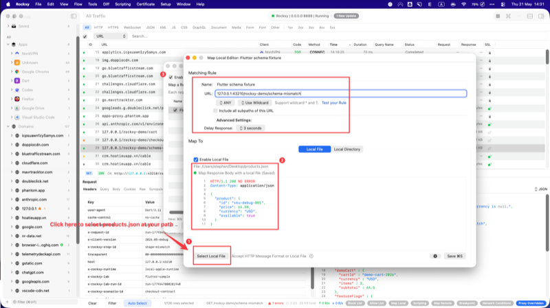 Rockxy Map Local Editor with Target Mode set to Local File, Enable Local File toggled on, and File Path pointing at the products.json fixture on disk