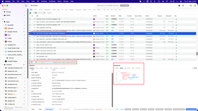 Rockxy capture list with the Map Local rule active showing the re-run shape-mismatch row delivering the fixture payload with price as a number and currency as USD instead of the malformed baseline