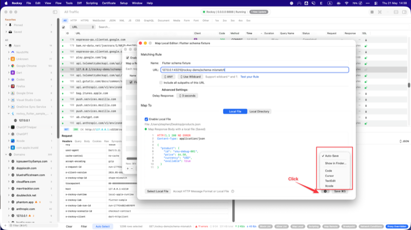 Rockxy Map Local rule context menu open with Show in Finder and Open with VS Code Cursor TextEdit Xcode options so the fixture can be edited in place