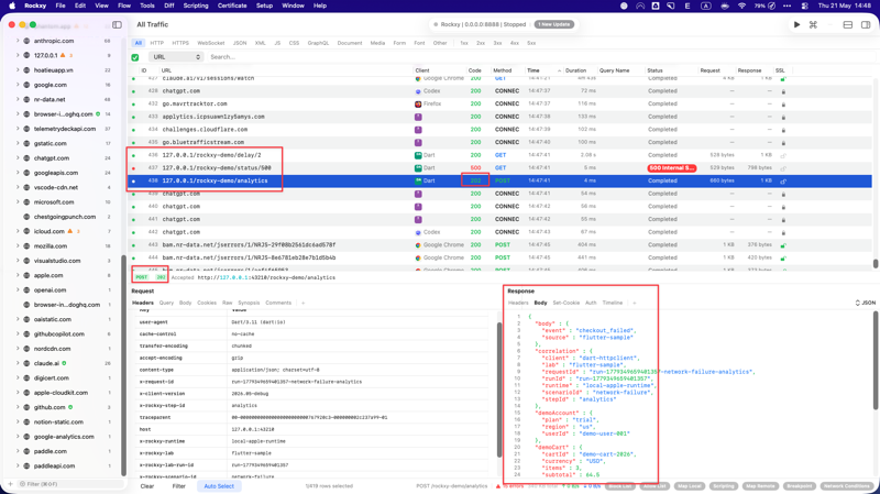 Rockxy capture list filtered by X-Rockxy-Step-Id analytics showing the POST /rockxy-demo/analytics row returning HTTP 202 as the baseline before Block List is configured