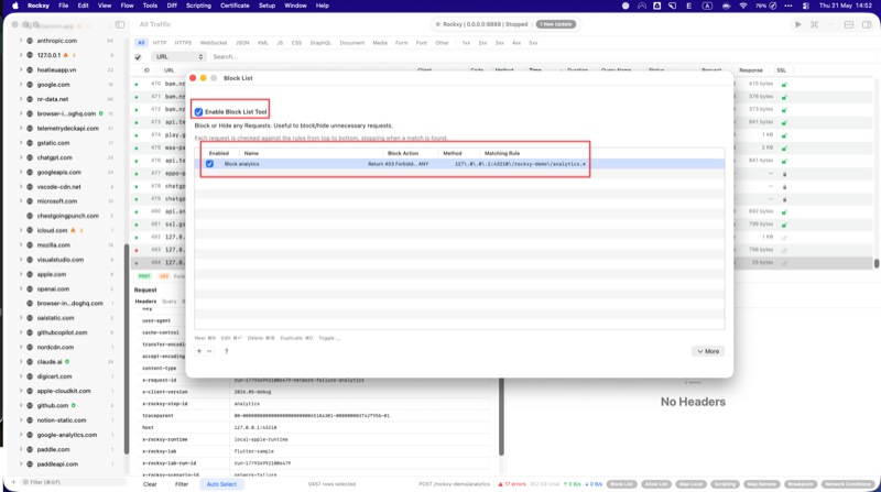 Rockxy Block List Editor Action dropdown open showing the two failure mode options Return 403 Forbidden and Drop Connection