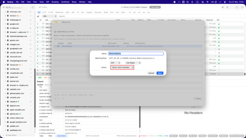 Rockxy Block List rule saved with Action set to Return 403 Forbidden matching the demo analytics endpoint