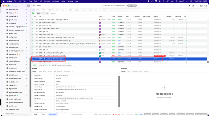 Rockxy capture list after re-running with Drop Connection enabled showing the analytics row terminating without a response body while the Flutter sample surfaces a SocketException or DioException connectionError