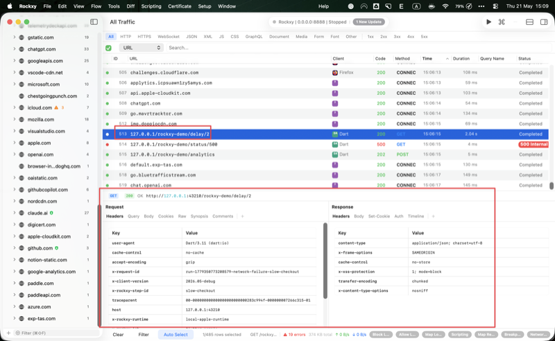 Rockxy capture list showing the baseline slow-checkout row with a duration around 2 seconds reflecting the demo server's intentional delay before any Network Conditions throttling is applied