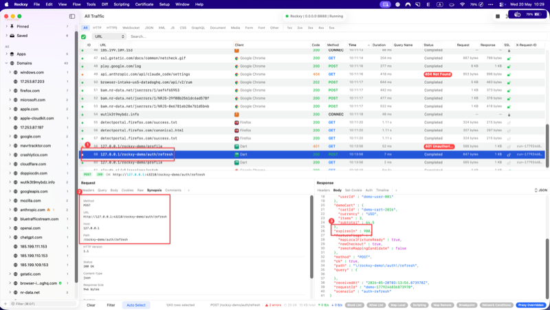 Rockxy inspector showing the 200 POST refresh-token row with refreshToken in the request body and accessToken plus expiresIn in the response body