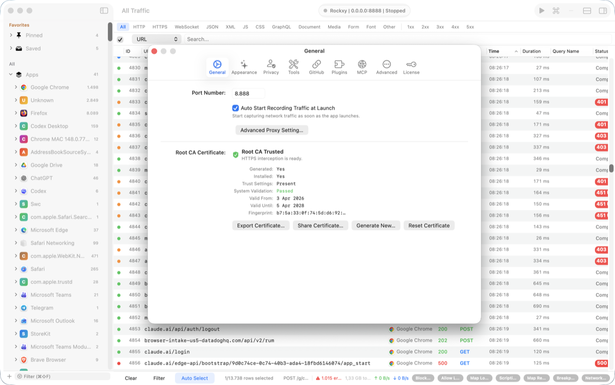 Rockxy root CA panel showing trusted system status with Export, Generate, and Reset actions for HTTPS interception