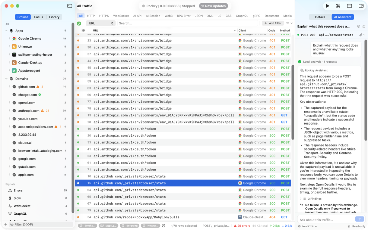 Rockxy AI Assistant explaining a selected API request inside the traffic inspector
