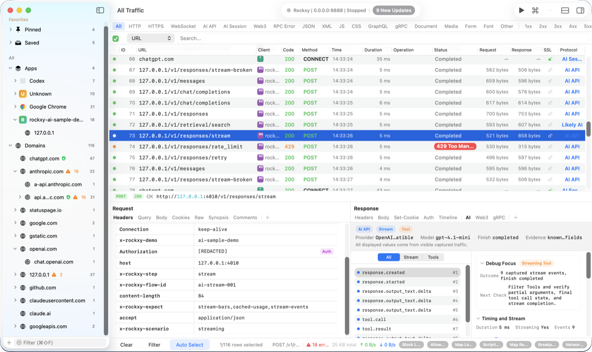 Rockxy inspecting an AI API streaming response with provider, model, tool events, timing, redacted authorization, and rate-limit context