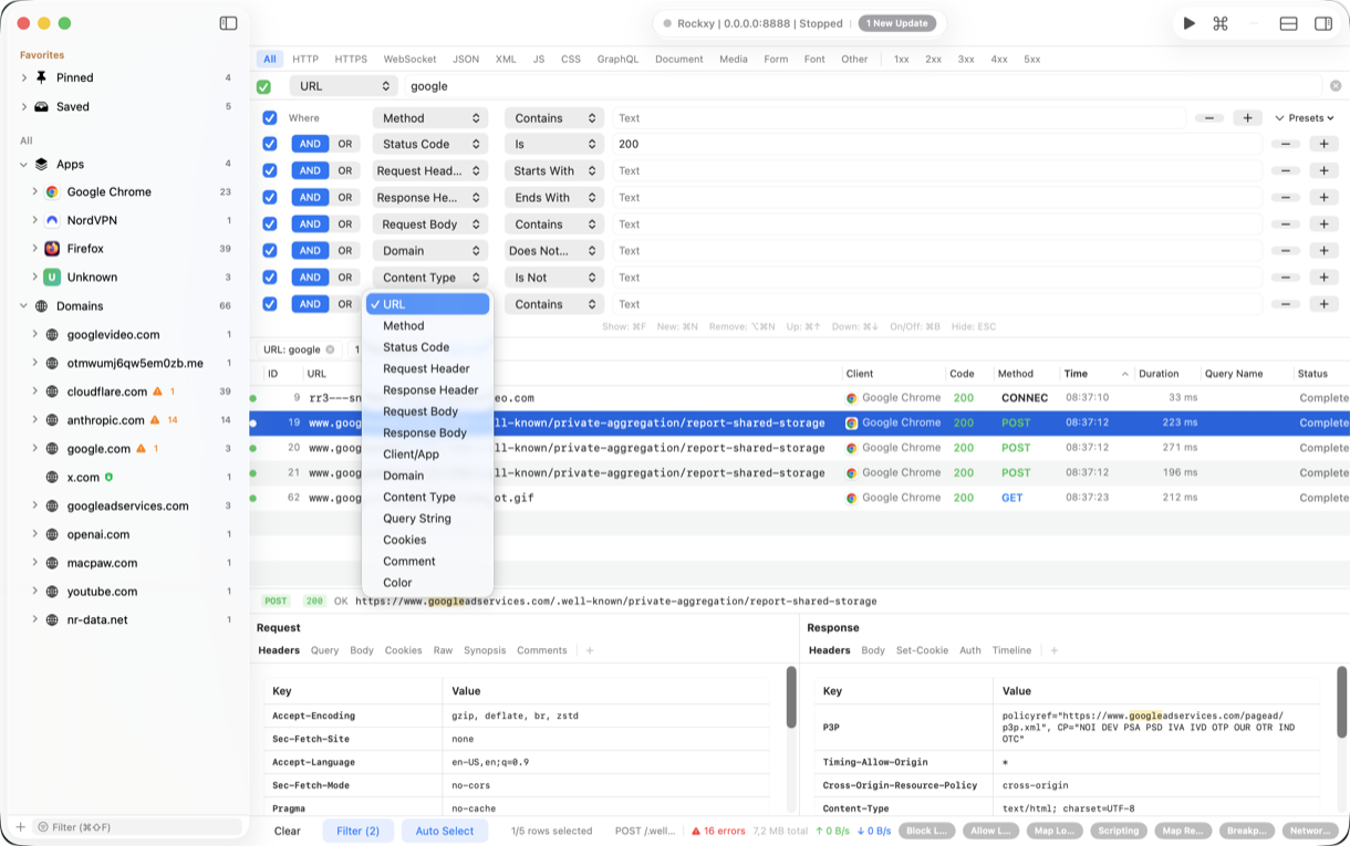 Rockxy advanced filter and search panel narrowing captured HTTP traffic by method, host, status, and header values