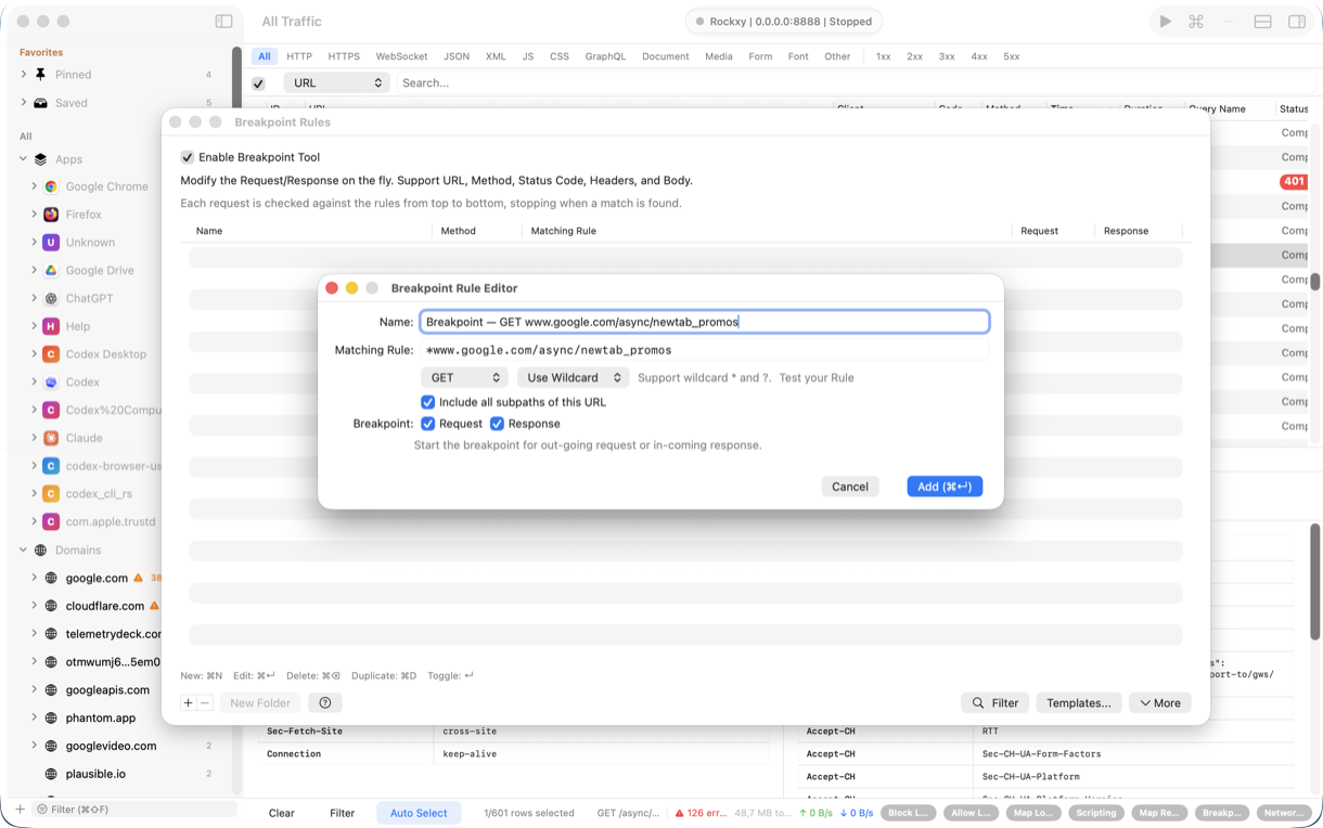 Rockxy breakpoint rule editor with wildcard URL match, subpaths toggle, and request and response phase checkboxes