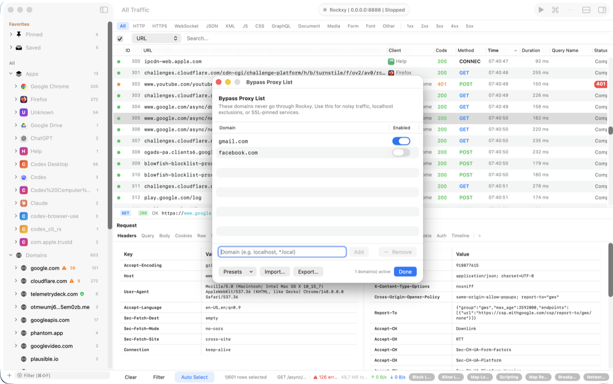 Rockxy Bypass Proxy settings showing wildcard host rules that skip specific domains from capture