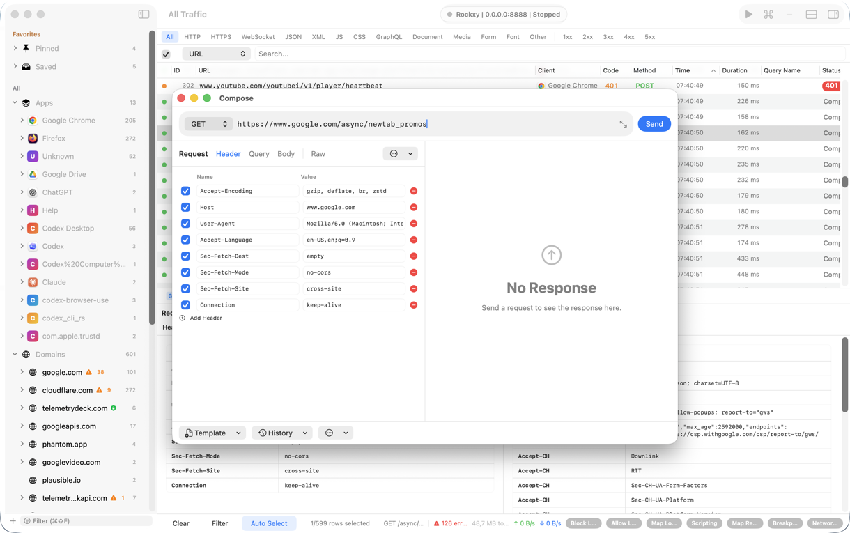 Rockxy Compose editor reopening a captured HTTPS request with editable method, URL, headers, query parameters and JSON body ready to re-send for prompt iteration and bug reproduction
