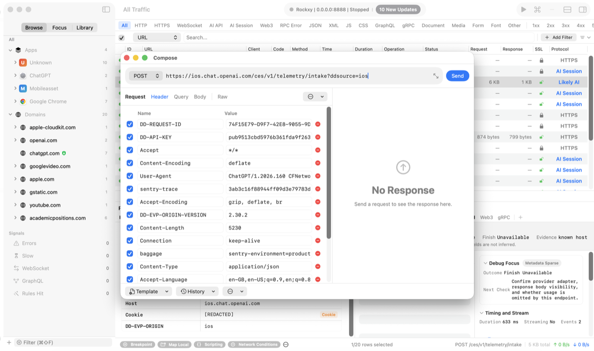 Rockxy Compose workspace with editable request method, URL, query, headers and body beside an immediate formatted response preview