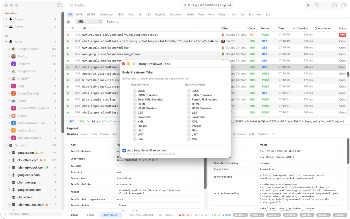 Rockxy custom previewer tabs in the response inspector showing JSON, GraphQL, and decoded body views pinned alongside the default view