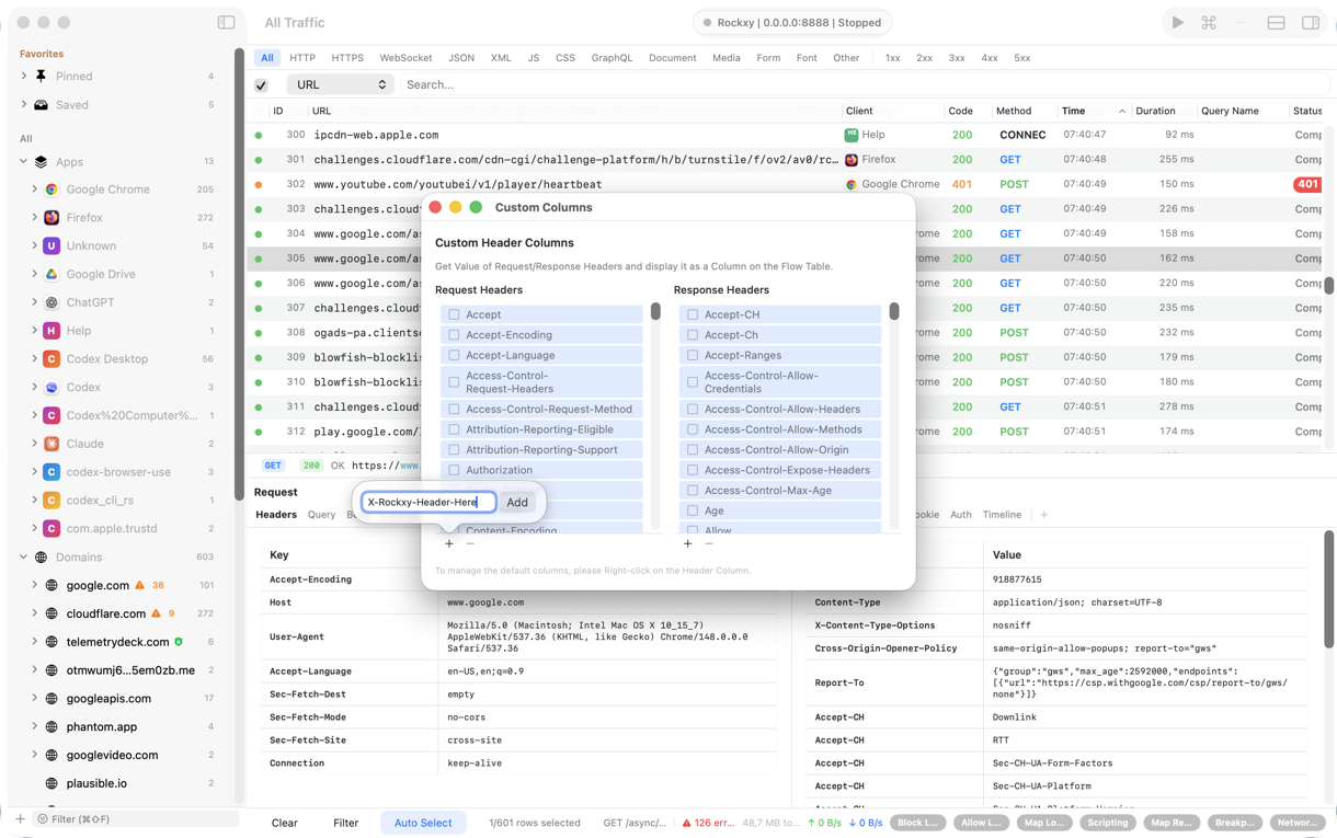 Rockxy custom request and response header editor with named rules toggling per-host overrides on both phases
