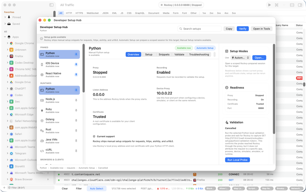 Rockxy Developer Setup Hub with copy-paste proxy snippets for Python, Node.js, Go and a Run Test action validating the runtime is flowing through the proxy