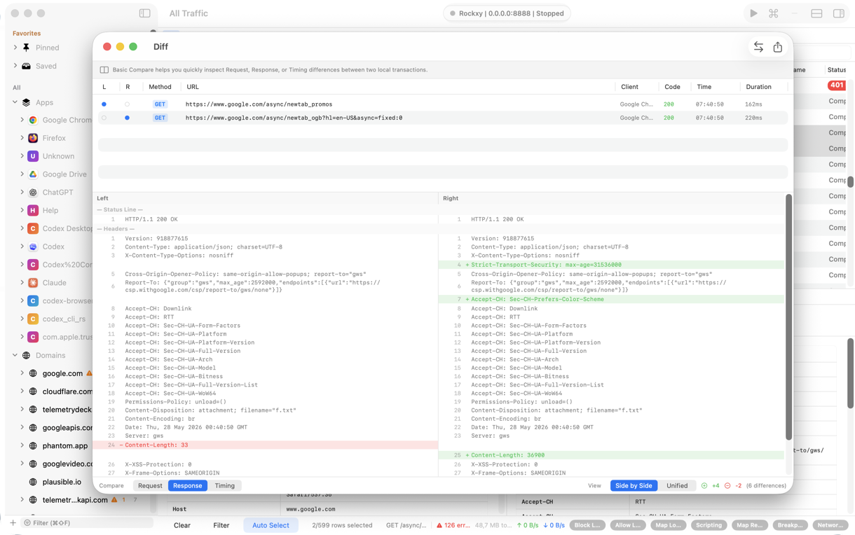 Rockxy Diff Compare view stacking two captured API responses side by side with highlighted differences across status, headers, query, and JSON body for regression and LLM output comparison