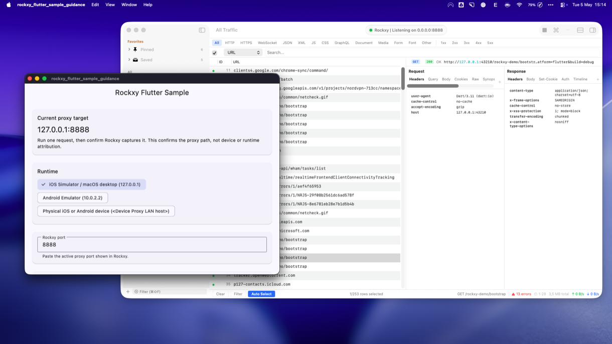 Rockxy capturing Flutter traffic on macOS